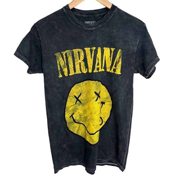 NIRVANA Tops - NIRVANA Yellow Smiley Face Charcoal Acid Wash Grunge T-Shirt Unisex Size Small